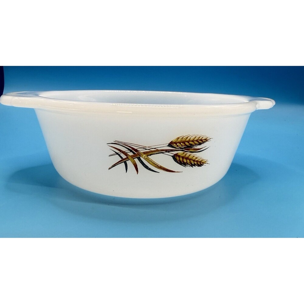 Vintage Fire-King 1 Pint Milk Glass Casserole Dish Golden Wheat USA Handles